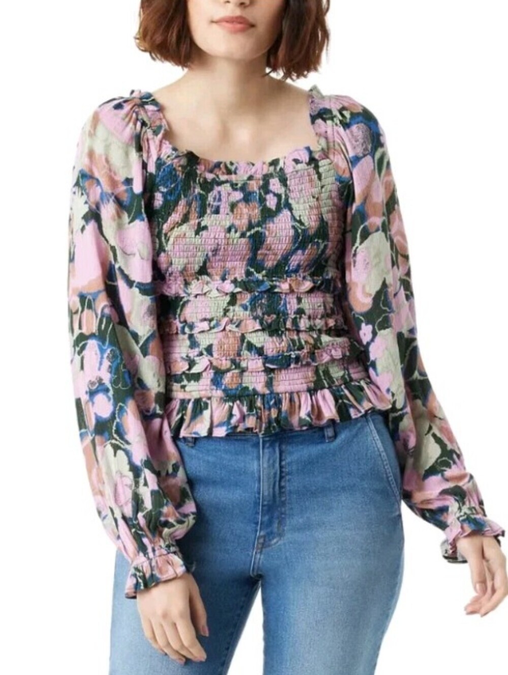 NWT Sam Edelman Misha Printed Smocked Ruffle Top Sz S